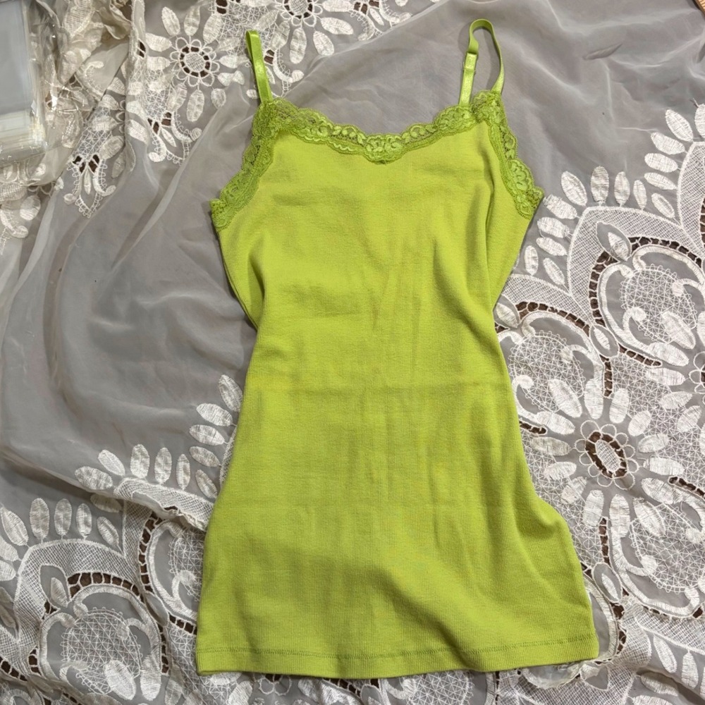 Y2K Faded Glory Womens Lime Green Ribbed Lace Trim Cami Tank Top Small